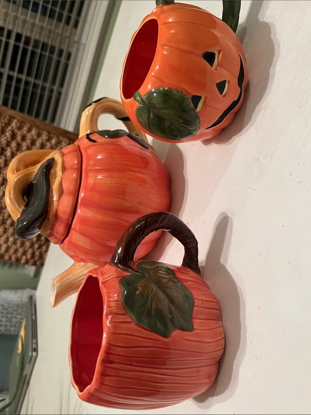 Orange Ceramic Pumpkin teapot and cups